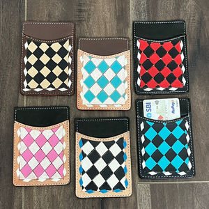 Tarjetero de cuero a mano de estilo occidental con fundas para tarjetas personalizadas a cuadros en blanco y negro al por mayor para hombres y mujeres - Product Image 6