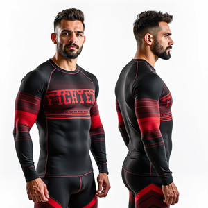 FIVE B Rashguard de compression pour homme, noir et rouge, imprimé par sublimation, ajusté, manches longues, anti-humidité, pour le sport - Product Image 6