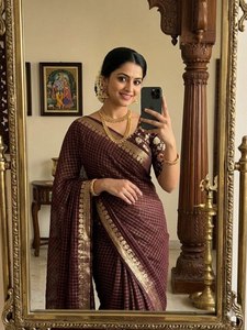 Women’s Premium Viscose <b>Saree</b> – Temple Border & Checkered Design with Meena Work Blouse - Product Image 2