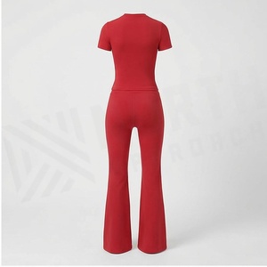 Red Crew Neck Short Sleeve Flared Leg <b>Jumpsuit</b> High Waist Drawstring Seamless Full Length Solid Color Yoga Wear - Product Image 2