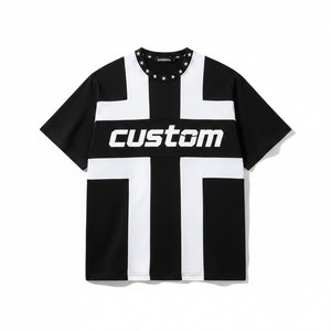 Custom Graphic Printed Streetwear T-shirt with Star <b>Studded</b> Neckline and Cross Block Pattern - Product Image 1