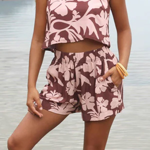 Floral Printed Women's Shorts High Waist Elastic Loose Fit Casual Knitted Breathable With Pockets - Product Image 4