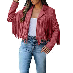 Chaquetas Rojas Vintage de cuero de gamuza con flecos y borlas para mujer, abrigo delantero abierto con solapa de manga larga estilo vaquero occidental bohemio - Product Image 1