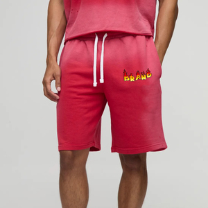 Shorts Bermuda pour homme en tissu uni rouge avec cordon de serrage et logo imprimé flamme, vêtements décontractés - Product Image 4