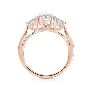Roy Diamond 18K Rose White Gold Three Stone Lab Grown Diamond <b>Ring</b> Brilliant Pear Shape Side IGI Certified Bridal Custom 4 Prong - Product Image 3