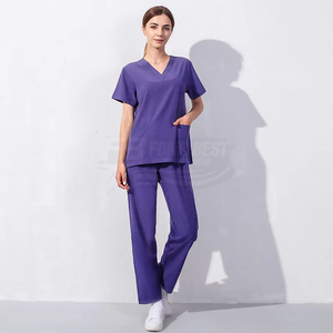 Ensemble de blouses médicales pour femmes, couleur violette, col en V, avec deux poches, uniformes d'hôpital, service OEM, tissu tissé en coton et polyester - Product Image 1