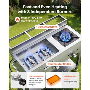 Griglia a Propano Commerciale da Esterno in Acciaio Inossidabile con 3 Bruciatori (11.600 BTU Ciascuno) e Vaschette Portatili da 1/3 per Grigliare - Product Image 4
