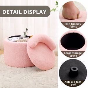 Modern Round Teddy Velvet Upholstered Storage Ottoman with Low Back Plush Footrest for Bedroom & Living Room Loung - Product Image 6