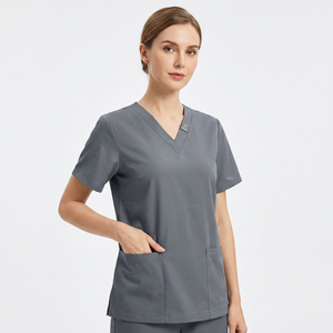 Conjuntos de uniformes médicos unisex con cuello en V, blusa de poliéster gris de punto, uniforme de hospital con bolsillos en el pecho, detección de agujas, fusión sin costuras, personalizado - Product Image 3