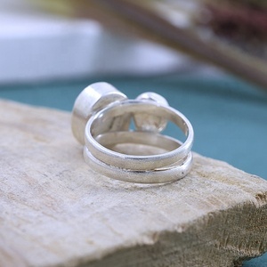 Handmade Moonstone Double Textured Band <b>Ring</b> Sterling Silver Oval Gemstone Statement Jewelry <b>Boho</b> Stackable <b>Ring</b> for Women - Product Image 3