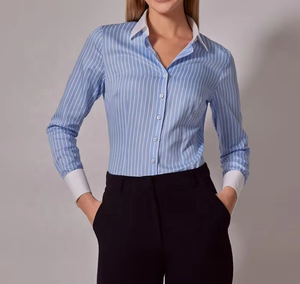 เสื้อเชิ้ตผู้หญิงแฟชั่นเรียบง่าย สีน้ำเงินขาว ลายเรขาคณิต กันยับ ระบายอากาศได้ดี เป็นมิตรกับสิ่งแวดล้อม ติดกระดุม คอปกและปลายแขนเสื้อตัดกัน ทรงเข้ารูป - Product Image 2