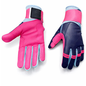 Guantes de Bateo de Cuero Genuino de Vaca en Rosa y Azul Marino con Ribete Azul y Cierre de Gancho y Bucle para Entrenamiento, Unisex, Adulto - Product Image 1