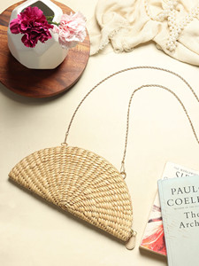 Sac fourre-tout décontracté en paille tressée, style boîte, vintage, rond, avec bandoulière en cuir PU, fermeture éclair et broderie - Product Image 3