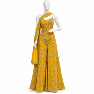 Sharara de Georgette Amarillo Mostaza con Bordado Zari Intenso |   Top con tirantes, pantalones acampanados y dupatta de malla para uso festivo en bodas - Product Image 1
