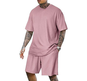 Mens solid color crew neck Casual <b>knitted</b> summer outfit Pink 100% cotton t-shirt Shorts <b>set</b> for men's gym - Product Image 3
