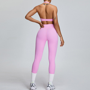 Conjunto de sujetador deportivo halter con diseño cruzado en la parte delantera, color verde menta, cintura media elástica, sin costuras, 2 piezas, a cuadros, transpirable, ecológico, para fitness. - Product Image 3