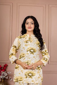 Ensemble pantalon et kurta en coton à imprimé floral pour filles, col mandarin, manches trois quarts, coupe ample, décontracté, pour tous les jours, respirant, tissé - Product Image 2