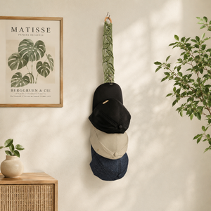 Porte-chapeaux mural en macramé, décoration bohème personnalisée, corde en coton, style bohème, crochet multifonctionnel, pliable, capacité de rangement pour 3 chapeaux - Product Image 3