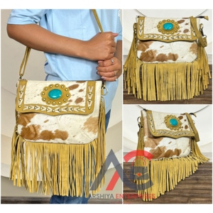 New Western Style Hair on Hide Fur Suede Leather Fringe <b>Bag</b> High Quality <b>Boho</b> Women Leather Shoulder <b>Bag</b> With Turquoise Stone - Product Image 1