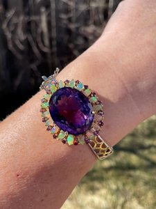Natural Purple Amethyst Opal Rhodolite <b>Bangle</b> 925 Sterling <b>Silver</b> Gold / Fine Art Cocktail Cuff <b>Bracelet</b> - Product Image 1