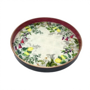 Juego de bandejas redondas de esmalte floral estilo rústico francés con marco de madera y estampado de limones, bandeja decorativa para el hogar y la cocina, Navidad - Product Image 1