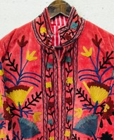 Veste en velours rouge brodée avec motif floral, col mandarin, manches longues, vêtement d'automne, broderie à la main, vestes pour femmes