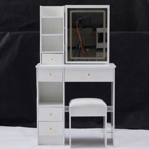 29.2\" Small-Sized Left Drawer Desktop <b>Vanity</b> <b>Table</b> Cushioned Stool Large Sliding Touch Control Tri-Color Kids' Furniture Set - Product Image 5