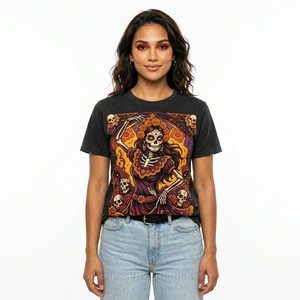 Camiseta Gráfica Personalizada de Payaso de Terror para Mujer, Gris, Estilo Vintage Urbano, Algodón Pesado, Estampado Gótico de Circo, Venta al por Mayor - Product Image 5