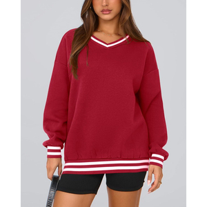 OEM <b>Women's</b> Casual Long Sleeve Stripes Knit <b>V</b> <b>Neck</b> Top Oversized <b>Sweatshirt</b> Made Pure Cotton Fleece Unisex Pullover <b>Sweatshirt</b> - Product Image 2