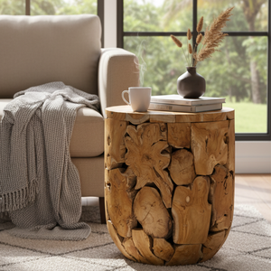 Table basse artisanale en bois de teck, motif grain de bois unique, robuste et durable, style rustique intemporel, forme cylindrique, luxe ARTERRA - Product Image 6