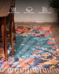 Tapis rectangulaire en polyester à franges, tissé à plat, motif floral, fabriqué à la machine, adapté aux animaux domestiques, style moderne pour salon et décoration intérieure - Product Image 4