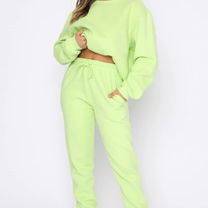 Conjunto de Sudadera y Pantalones Deportivos Extra Grandes para Mujer, Color Verde Lima, Hombros Caídos, Manga Larga, Color Sólido, Tejido de Mezcla de Algodón, Estilo Casual - Product Image 4