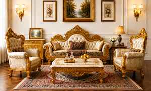 Premium Gold Leaf Finished 8 Seater Sofa Set with Intricate Floral Carving Hot Selling Living Room Furniture Classic <b>Seating</b> Set - Product Image 5