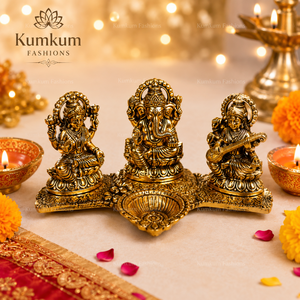 Lámpara de Metal Dorada con Figuras de Ganesha, Lakshmi y Saraswati, Artesanía Antigua, Ídolo Hindú, Regalo Festivo, Decoración para el Hogar, Boda, Diwali - Product Image 5