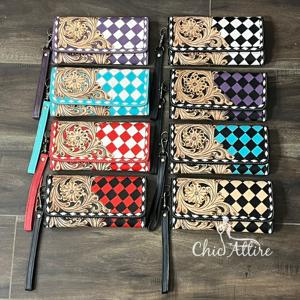 Portefeuille élégant en cuir de vachette de qualité supérieure, fait main, avec motifs floraux sculptés et motif à carreaux, pochettes pour femmes pour usage quotidien - Product Image 1