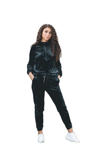 Women Black Hooded Velour <b>Tracksuit</b> Full Sleeve Solid Color Casual Jogger Set Side Pockets Elastic Waist Autumn Wear - Product Image 2