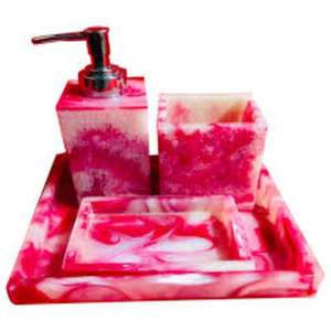 Modern Resin Bathroom Set With Soap Dispenser Toothbrush Holder And Tray <b>Pink</b> Marbled Design Rectangle Shape Easy To Clean - Product Image 1