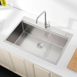 Lavello da Cucina Artigianale 76x56 cm in Acciaio Inox a Vasca Singola, da Appoggio, con Finitura Spazzolata, Tagliere e Scolapiatti Inclusi - Product Image 3