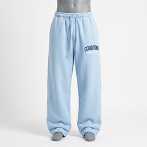 Light Blue Wide Leg Sweatpants <b>Men</b> Navy Collegiate Embroidery Open Hem Straight Leg Fleece <b>Trousers</b> Oversized Baggy <b>Lounge</b> Pants - Product Image 1