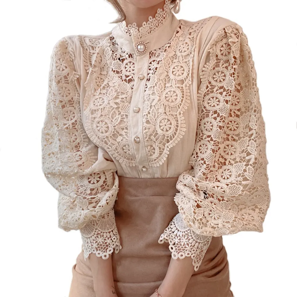 Womens Elegant Lace Trim Shirts Casual Victorian Blouse Long Sleeve Button Down Tops