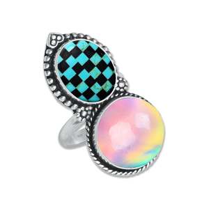 Wholesale Aurora Opal Checkerboard <b>Turquoise</b> <b>Rings</b> Adjustable 925 Sterling Silver Handmade Statement Design At Best Price - Product Image 4