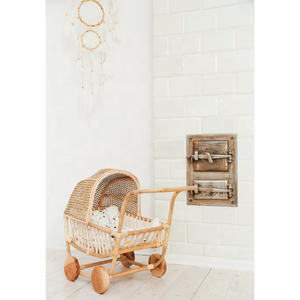 Traditional Handwoven Natural Rattan Toy Vintage Wicker Doll Stroller Wooden Wheels Toddler Walker Play Item - Product Image 3