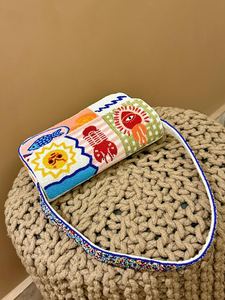 Handmade Rectangular Canvas Handbag With Colorful Embroidered Symbols And Blue <b>Trim</b> - Product Image 4
