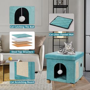 WALEED FURNITURE Luxury Wood Foldable Cat House Cat Cave & Cube with Scratch Board & Ball Solid Green 12.5"x14.5"x14.1" - Product Image 4