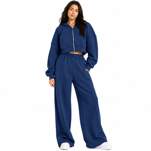 Womens Cropped Zip Hoodie & Wide Leg Sweatpants <b>Set</b> Casual 2 Piece <b>Loungewear</b> Tracksuit Relaxed Fit Jogger <b>Set</b> OEM Custom - Product Image 2