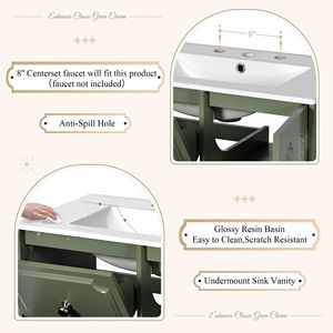 Mobile Bagno Singolo da 30 Pollici Stile Retrò con 2 Cassetti, Lavabo in Resina e Struttura in Legno Massello - Combinazione Mobile Bagno con Spazio Contenitivo - Product Image 6