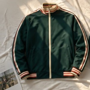 Unisex Green <b>Track</b> <b>Jacket</b> Full Sleeve Zipper Sporty Style Turn-down Collar Striped Side Pockets Breathable Polyester Autumn Wear - Product Image 1