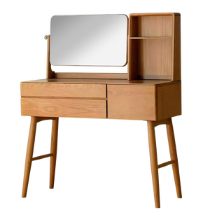 Coiffeuse de style Mid-Century Modern avec miroir pivotant intégré, étagère ouverte et pieds coniques en A - Product Image 1