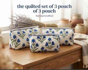 Juego de 3 Bolsas Acolchadas de Lujo Personalizadas, Bolsa de Aseo de Algodón Jaipur con Estampado de Bloques, Organizador de Maquillaje, Estuche de Cosméticos, Kit de Viaje para Mujer - Product Image 1
