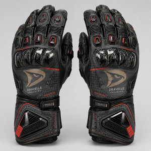 Gants de course DRAVELLE INDUSTRY en cuir respirant à doigts entiers avec fermeture auto-agrippante rouge et noir pour homme - Product Image 1